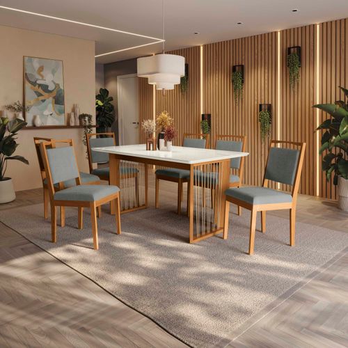 Conjunto Sala de Jantar Lina em Madeira Maciça 6 Cadeiras Boucle Cinza