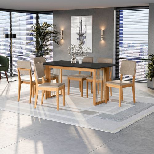 Conjunto Sala de Jantar Dora em Madeira Maciça 6 Cadeiras Linho Fendi
