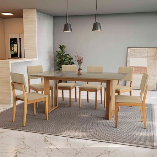 Conjunto Sala de Jantar Dora em Madeira Maciça 6 Cadeiras Boucle Bege