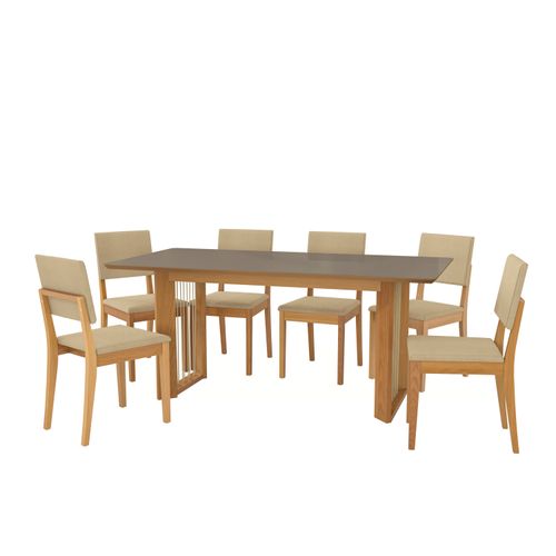 Conjunto Sala de Jantar Dora em Madeira Maciça 6 Cadeiras Boucle Bege