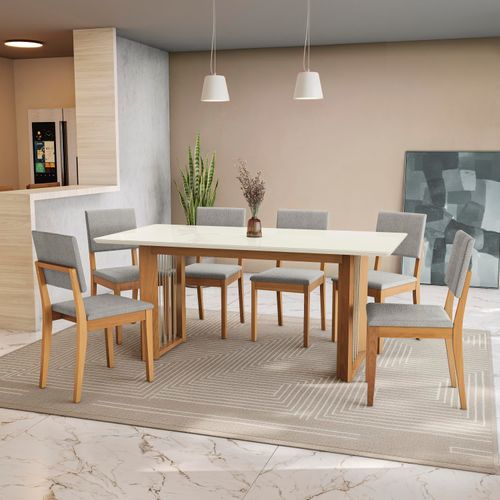 Conjunto Sala de Jantar Dora em Madeira Maciça 6 Cadeiras Boucle Cinza