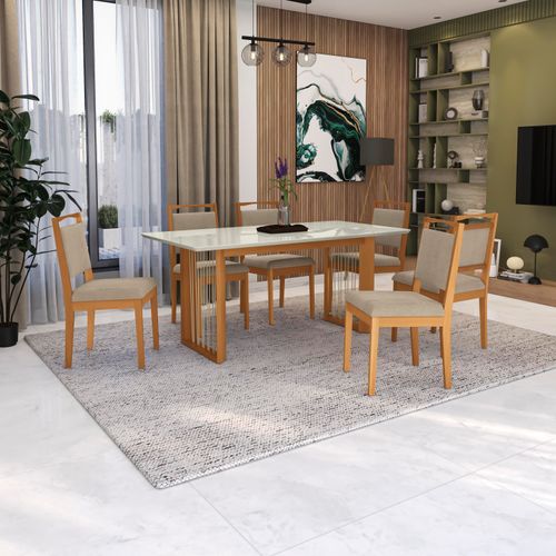 Conjunto Sala de Jantar Lina em Madeira Maciça 6 Cadeiras Linho Fendi