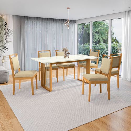 Conjunto Sala de Jantar Lina em Madeira Maciça 6 Cadeiras Boucle Bege