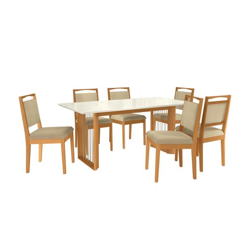 Conjunto Sala de Jantar Lina em Madeira Maciça 6 Cadeiras Boucle Bege