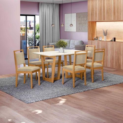 Conjunto Sala de Jantar Lina em Madeira Maciça 6 Cadeiras Boucle Bege