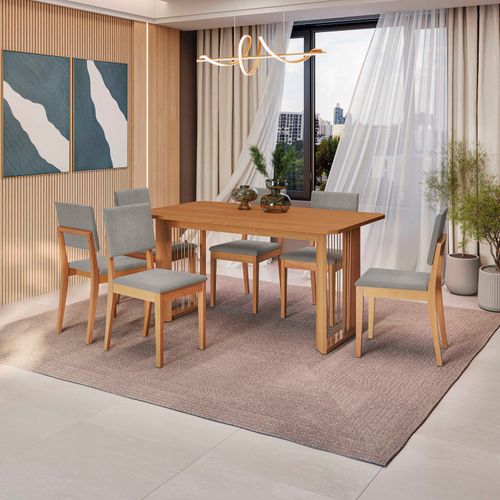 Conjunto Sala de Jantar Dora em Madeira Maciça 6 Cadeiras Boucle Cinza