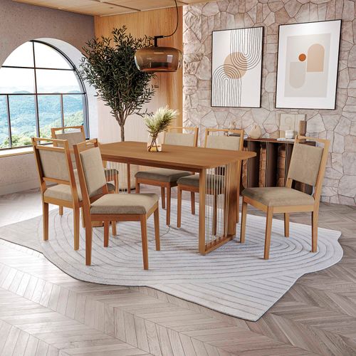 Conjunto Sala de Jantar Lina em Madeira Maciça 6 Cadeiras Linho Fendi