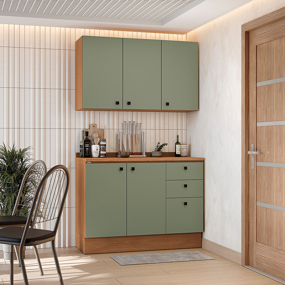 Armário de Cozinha Compacta 120cm Canela/Verde Frevo Pixel