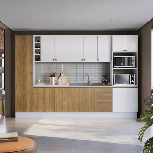 Cozinha Modulada Celeste Kappesberg 100% MDF Branco/Nogueira 9 Peças