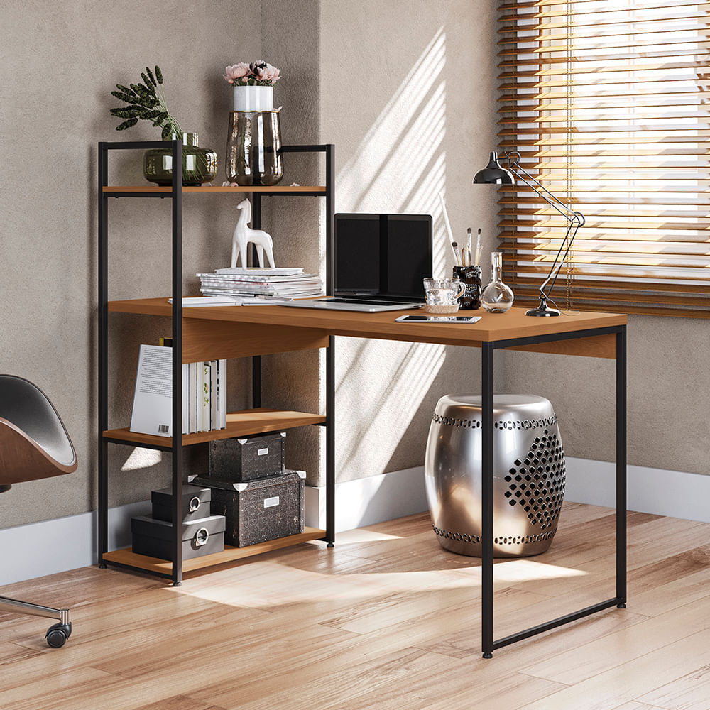 Mesa De Escritório Kappesberg Industrial 3 Prateleiras Canela/Preto fosco 136cm