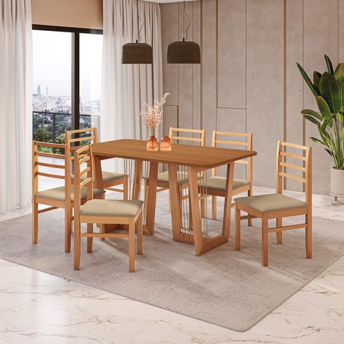 Conjunto Sala de Jantar Elisa em Madeira Maciça 6 Cadeiras Boucle Bege
