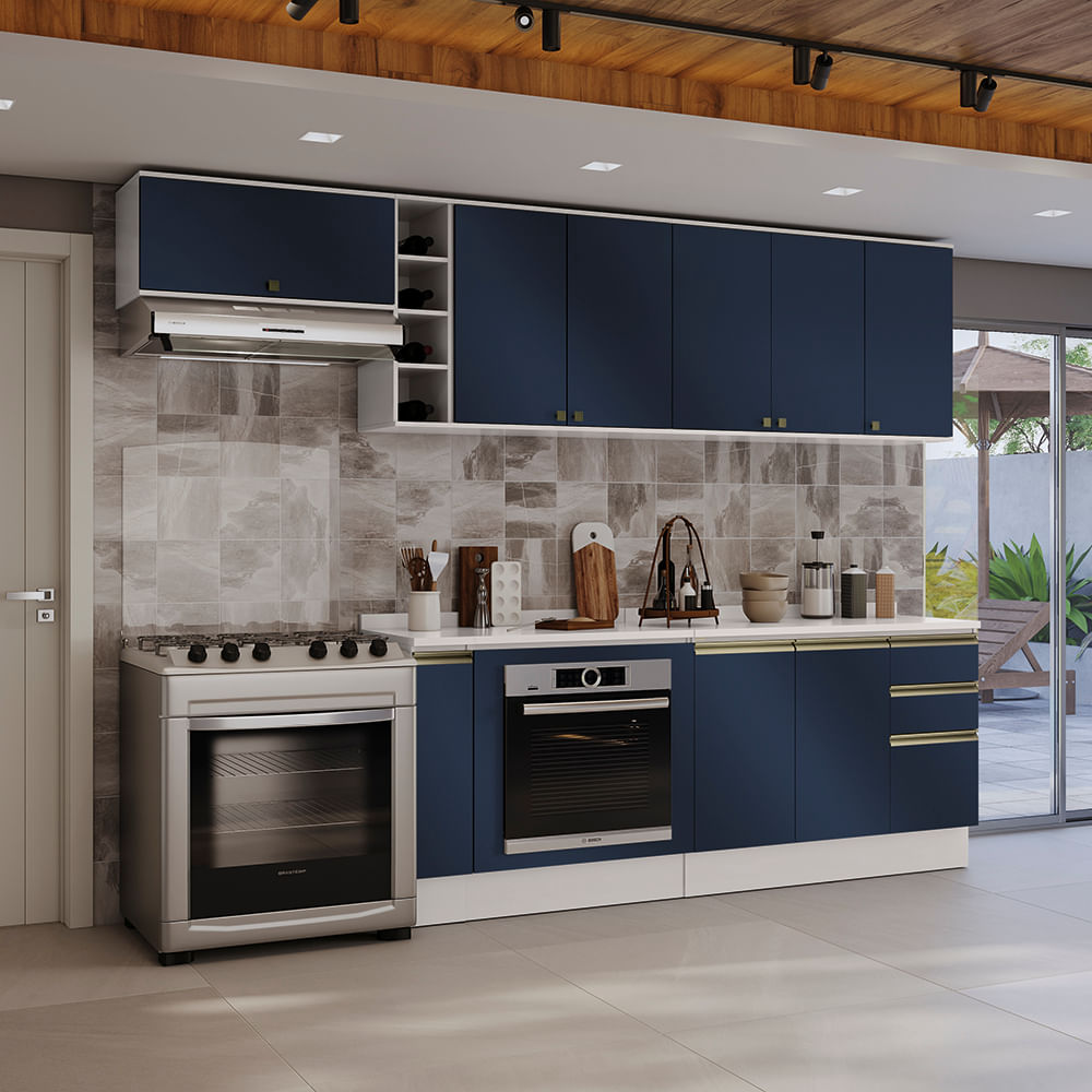 Armário de Cozinha Completa 3 Gavetas 100% MDF 300cm Branco/Azul Profundo Celeste Kappesberg