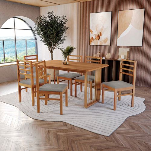 Conjunto Sala de Jantar Elisa em Madeira Maciça 6 Cadeiras Boucle Cinza