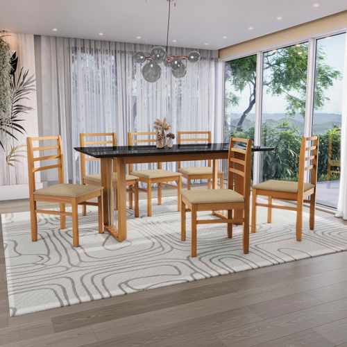 Conjunto Sala de Jantar Elisa em Madeira Maciça 6 Cadeiras Boucle Bege