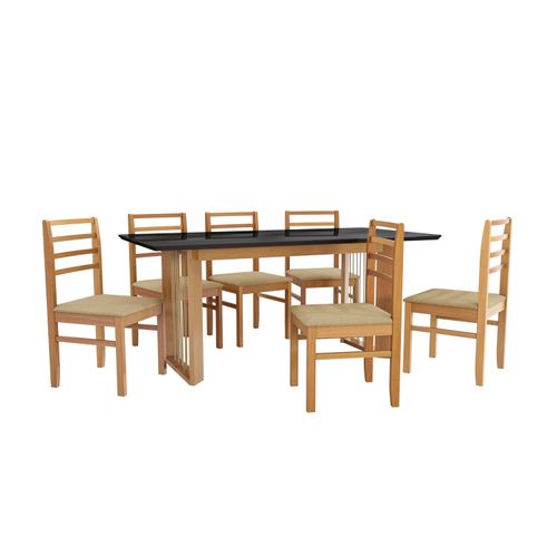 Conjunto Sala de Jantar Elisa em Madeira Maciça 6 Cadeiras Boucle Bege