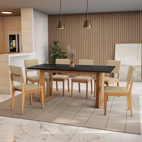 Conjunto Sala de Jantar Dora em Madeira Maciça 6 Cadeiras Boucle Bege