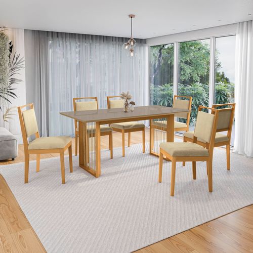 Conjunto Sala de Jantar Lina em Madeira Maciça 6 Cadeiras Boucle Bege