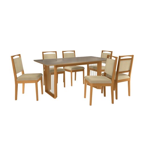 Conjunto Sala de Jantar Lina em Madeira Maciça 6 Cadeiras Boucle Bege
