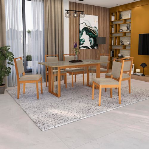 Conjunto Sala de Jantar Lina em Madeira Maciça 6 Cadeiras Linho Fendi