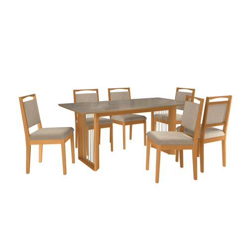 Conjunto Sala de Jantar Lina em Madeira Maciça 6 Cadeiras Linho Fendi