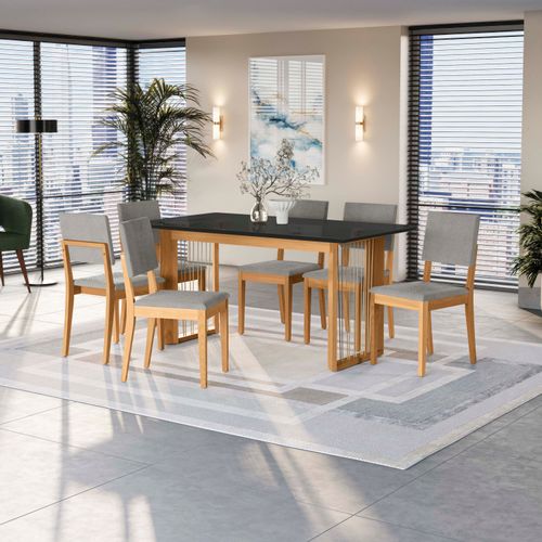 Conjunto Sala de Jantar Dora em Madeira Maciça 6 Cadeiras Boucle Cinza
